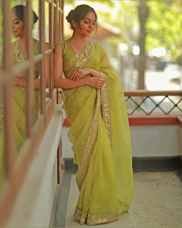 immersive-olive-green-color-organza-with-mirror-work-party-wear-saree