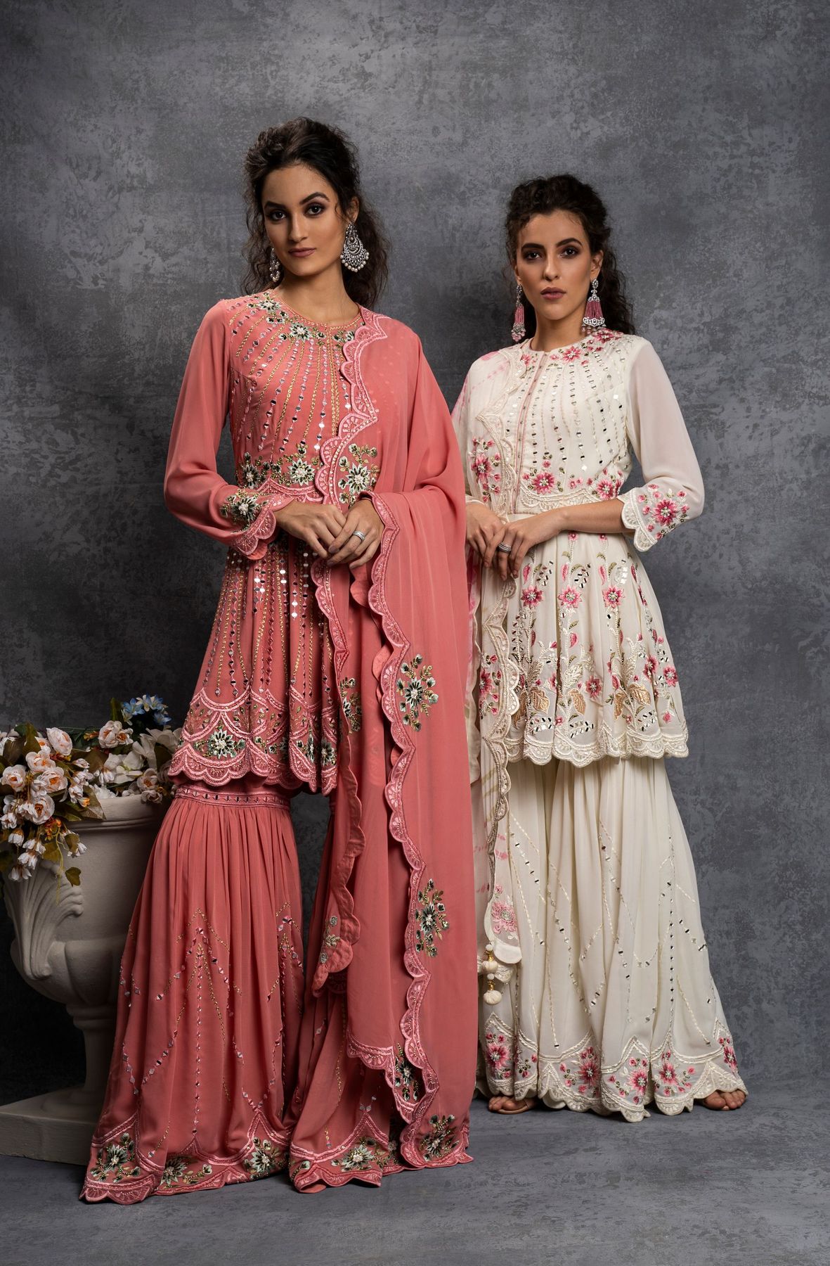 SR 1238 White Top : Heavy Fox Georgette Sharara : Fox Georgette Work : Heavy Embroidery With Real Mirror Work Wedding, Party @1849 Only | Salwar suit, Casual Suits, Creative suits, Designer Suits, Palazzo Suits, Party Wear Suits, Straight Suits
