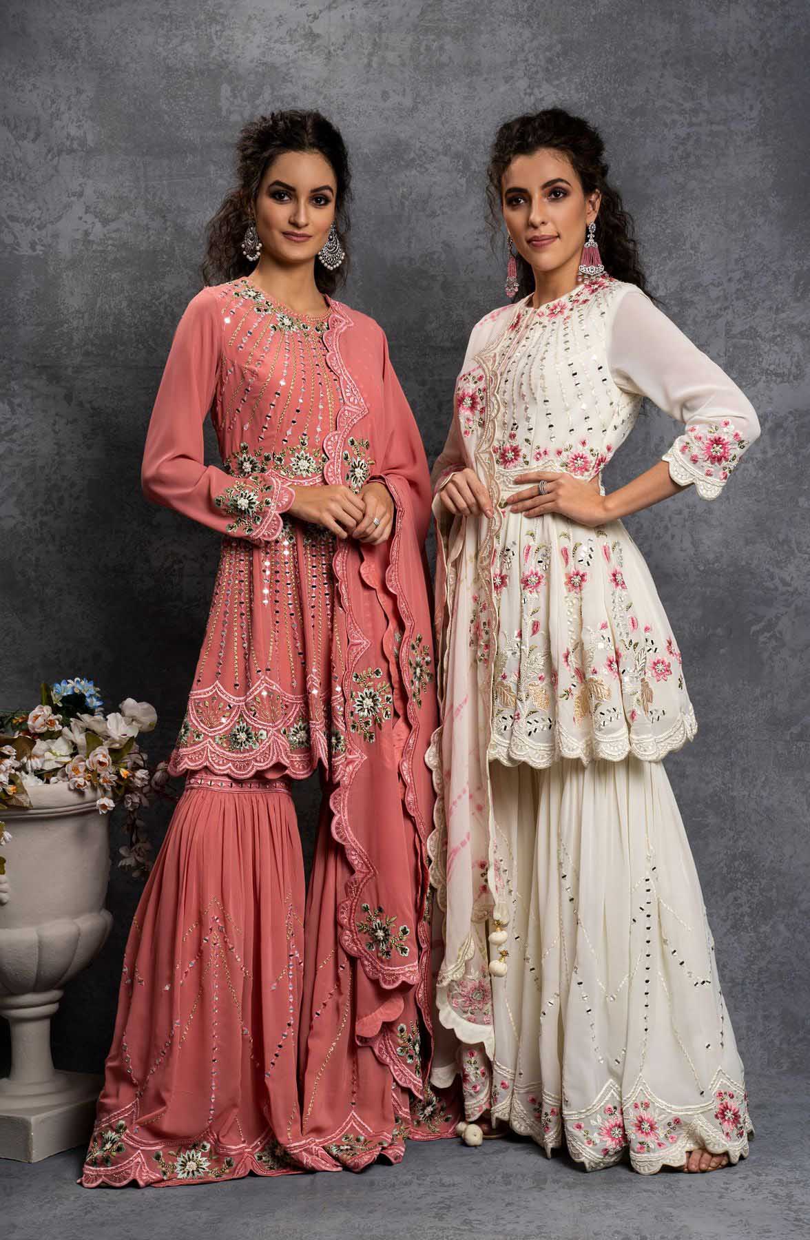 SR 1238 White Top : Heavy Fox Georgette Sharara : Fox Georgette Work : Heavy Embroidery With Real Mirror Work Wedding, Party @1849 Only | Salwar suit, Casual Suits, Creative suits, Designer Suits, Palazzo Suits, Party Wear Suits, Straight Suits