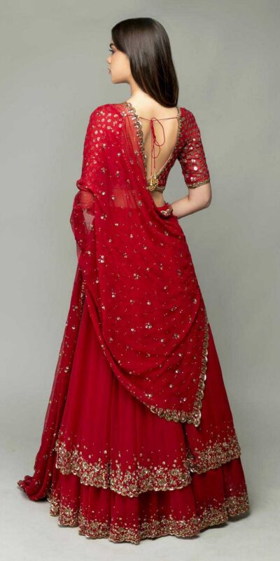 KF 1330 Red Lehenga : Georgette Blouse : Georgette Work : Sequence Embroidery Work With 2 Layer Ruffle Wedding, Party, Festive @2049/- Only | Lehenga, Bollywood Lehenga, Creative Lehenga, Designer Lehenga, Embroidered Lehenga, Party Wear Lehenga