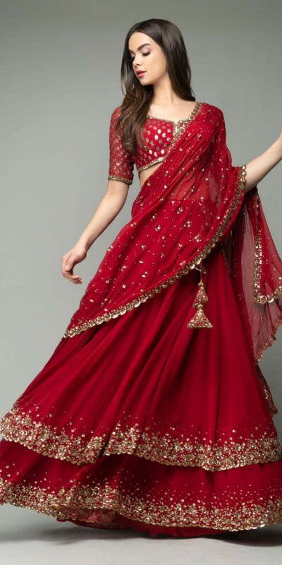 KF 1330 Red Lehenga : Georgette Blouse : Georgette Work : Sequence Embroidery Work With 2 Layer Ruffle Wedding, Party, Festive @2049/- Only | Lehenga, Bollywood Lehenga, Creative Lehenga, Designer Lehenga, Embroidered Lehenga, Party Wear Lehenga