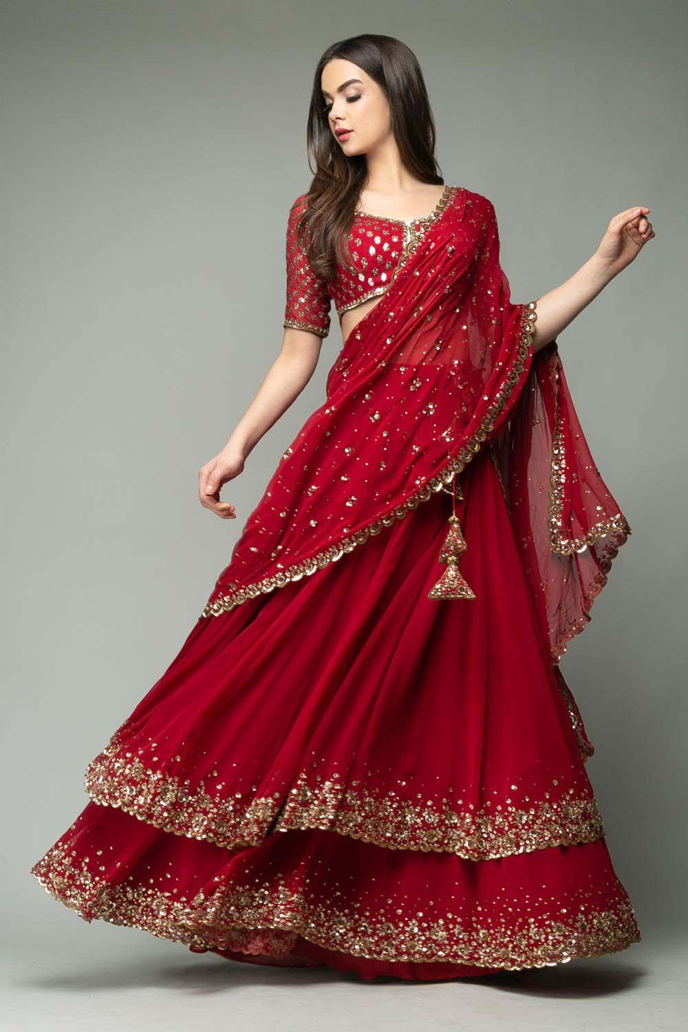 KF 1330 Red Lehenga : Georgette Blouse : Georgette Work : Sequence Embroidery Work With 2 Layer Ruffle Wedding, Party, Festive @2049/- Only | Lehenga, Bollywood Lehenga, Creative Lehenga, Designer Lehenga, Embroidered Lehenga, Party Wear Lehenga