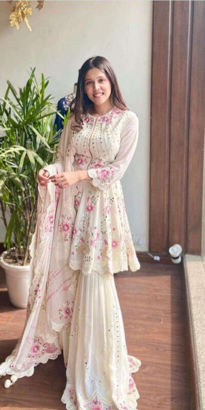 NSR 1238 White Top : Heavy Fox Georgette Sharara : Fox Georgette Work : Heavy Embroidery With Real Mirror Work Wedding, Party @1849 Only | Casual Suits, Salwar suit, Creative suits, Designer Suits, Palazzo Suits, Party Wear Suits, Straight Suits