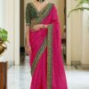 Dazzling Pink Color Heavy Border Vichitra Silk Wedding Saree