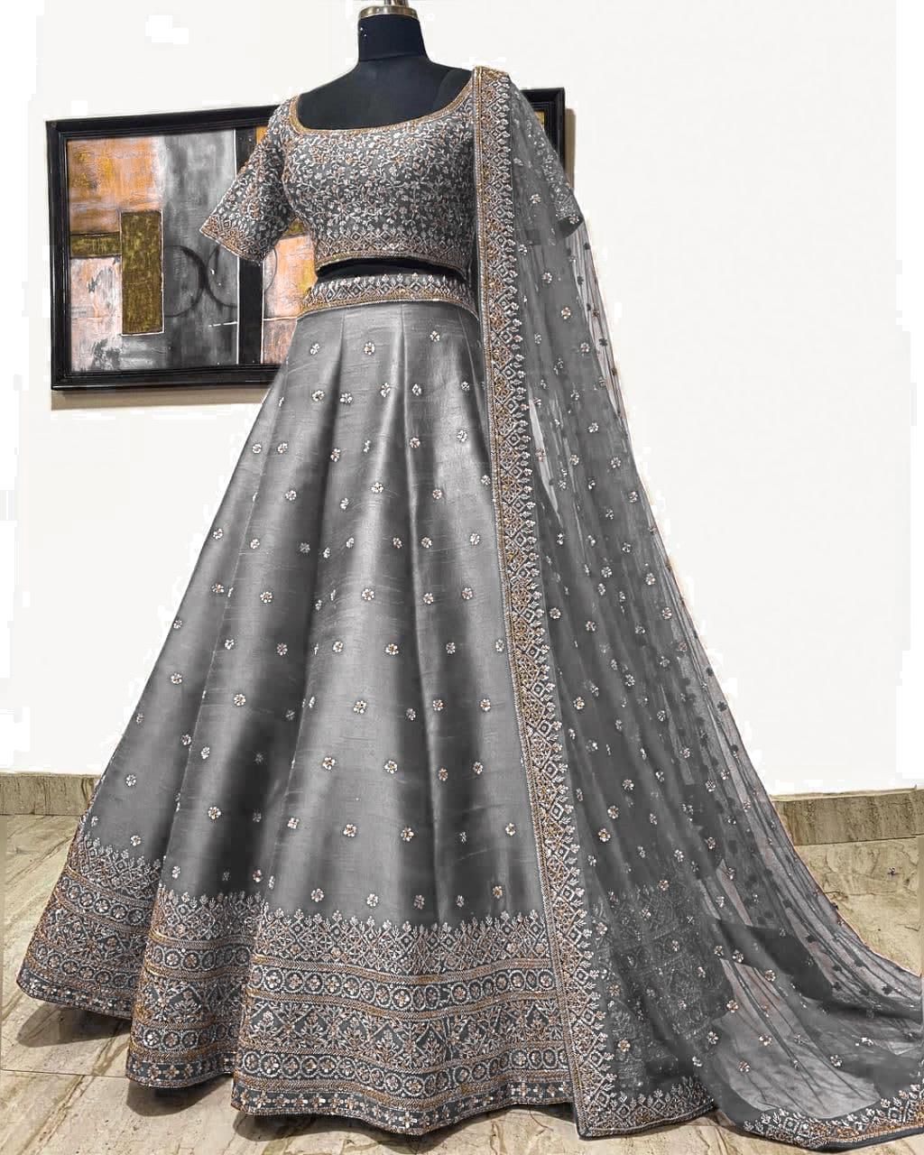 LG 396 Grey Lehenga :?Mulberry Silk Blouse : Mulberry Silk Embroidery Sequence Work?Dupatta : Georgette Wedding, Party, Festive @1899/- | Lehenga, Bollywood Lehenga, Creative Lehenga, Designer Lehenga, Embroidered Lehenga, Party Wear Lehenga