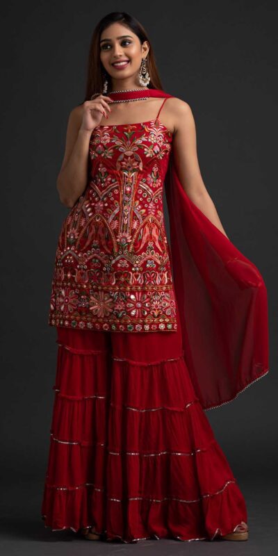 NSR 1301 Red Top : Georgette Work : Heavy Embroidery With Real Mirror Work Sharara : Georgette Wedding, Party, Festive, Events @1849/- | Casual Suits, Salwar suit, Creative suits, Designer Suits, Palazzo Suits, Party Wear Suits, Straight Suits