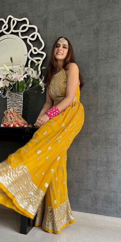 NSR 555 Yellow Jumpsuit : Heavy Faux Georgette Work : Heavy Embroidery With Sequin Work Flair : Each Leg 1.5 M Casual, Party @1699/- | Jump Suits, Salwar suit, Casual Suits, Creative suits, Designer Suits, Palazzo Suits, Party Wear Suits, Straight Suits