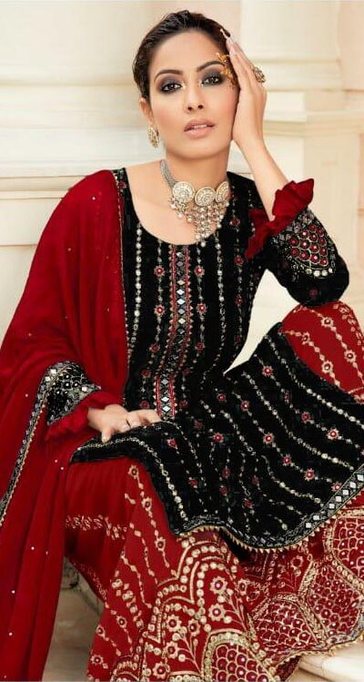 FC 9704 Black Top : Georgette Work : Embroidery Work, Mirror Work Wedding, Festive, Events Black Georgette Embroidered Sharara @2099 | Salwar suit, Casual Suits, Creative suits, Designer Suits, Palazzo Suits, Party Wear Suits, Straight Suits