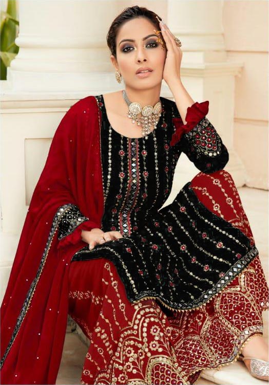 FC 9704 Black Top : Georgette Work : Embroidery Work, Mirror Work Wedding, Festive, Events Black Georgette Embroidered Sharara @2099 | Salwar suit, Casual Suits, Creative suits, Designer Suits, Palazzo Suits, Party Wear Suits, Straight Suits