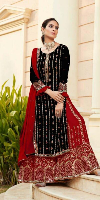 FC 9704 Black Top : Georgette Work : Embroidery Work, Mirror Work Wedding, Festive, Events Black Georgette Embroidered Sharara @2099 | Salwar suit, Casual Suits, Creative suits, Designer Suits, Palazzo Suits, Party Wear Suits, Straight Suits