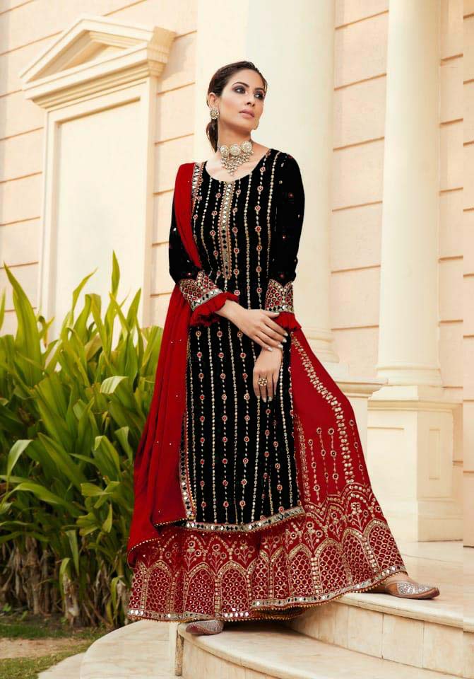 FC 9704 Black Top : Georgette Work : Embroidery Work, Mirror Work Wedding, Festive, Events Black Georgette Embroidered Sharara @2099 | Salwar suit, Casual Suits, Creative suits, Designer Suits, Palazzo Suits, Party Wear Suits, Straight Suits