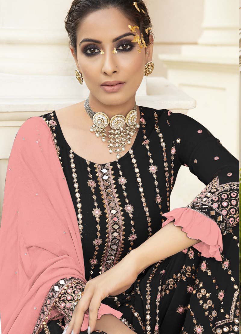 FC 9704 Black Pink Top : Georgette Work : Embroidery Work, Mirror Work Wedding, Festive, Events Black Georgette Embroidered Sharara @2099 | Salwar suit, Casual Suits, Creative suits, Designer Suits, Palazzo Suits, Party Wear Suits, Straight Suits