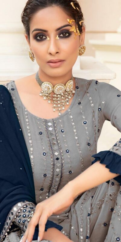 FC 9704 Grey Blue Top : Georgette Work : Embroidery Work, Mirror Work Wedding, Festive, Events Black Georgette Embroidered Sharara @2099 | Salwar suit, Casual Suits, Creative suits, Designer Suits, Palazzo Suits, Party Wear Suits, Straight Suits