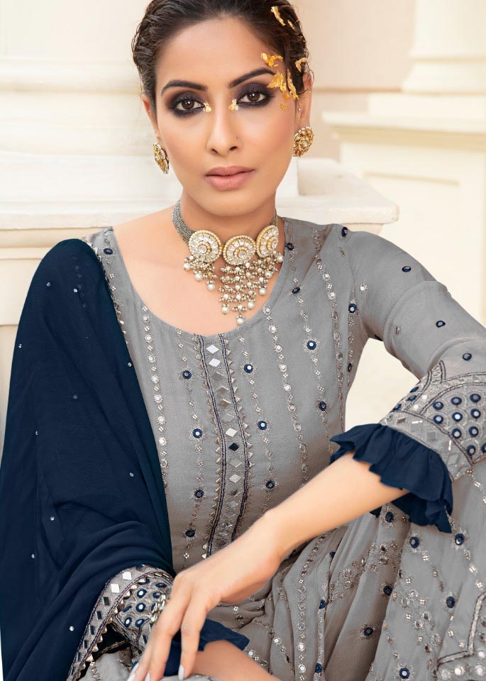 FC 9704 Grey Blue Top : Georgette Work : Embroidery Work, Mirror Work Wedding, Festive, Events Black Georgette Embroidered Sharara @2099 | Salwar suit, Casual Suits, Creative suits, Designer Suits, Palazzo Suits, Party Wear Suits, Straight Suits