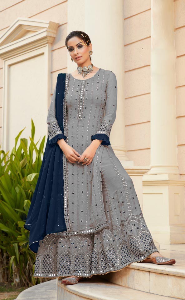 FC 9704 Grey Blue Top : Georgette Work : Embroidery Work, Mirror Work Wedding, Festive, Events Black Georgette Embroidered Sharara @2099 | Salwar suit, Casual Suits, Creative suits, Designer Suits, Palazzo Suits, Party Wear Suits, Straight Suits