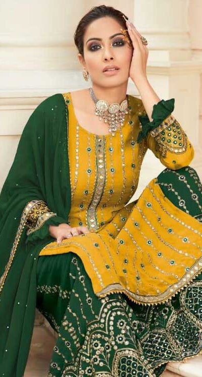 FC 9704 Yellow Green Top : Georgette Work : Embroidery Work, Mirror Work Wedding, Festive, Events Black Georgette Embroidered Sharara @2099 | Salwar suit, Casual Suits, Creative suits, Designer Suits, Palazzo Suits, Party Wear Suits, Straight Suits