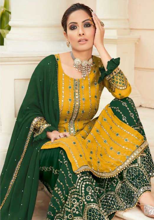 FC 9704 Yellow Green Top : Georgette Work : Embroidery Work, Mirror Work Wedding, Festive, Events Black Georgette Embroidered Sharara @2099 | Salwar suit, Casual Suits, Creative suits, Designer Suits, Palazzo Suits, Party Wear Suits, Straight Suits