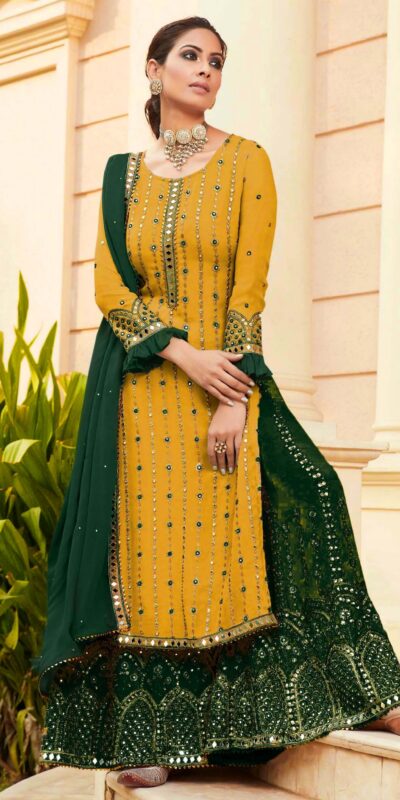 FC 9704 Yellow Green Top : Georgette Work : Embroidery Work, Mirror Work Wedding, Festive, Events Black Georgette Embroidered Sharara @2099 | Salwar suit, Casual Suits, Creative suits, Designer Suits, Palazzo Suits, Party Wear Suits, Straight Suits