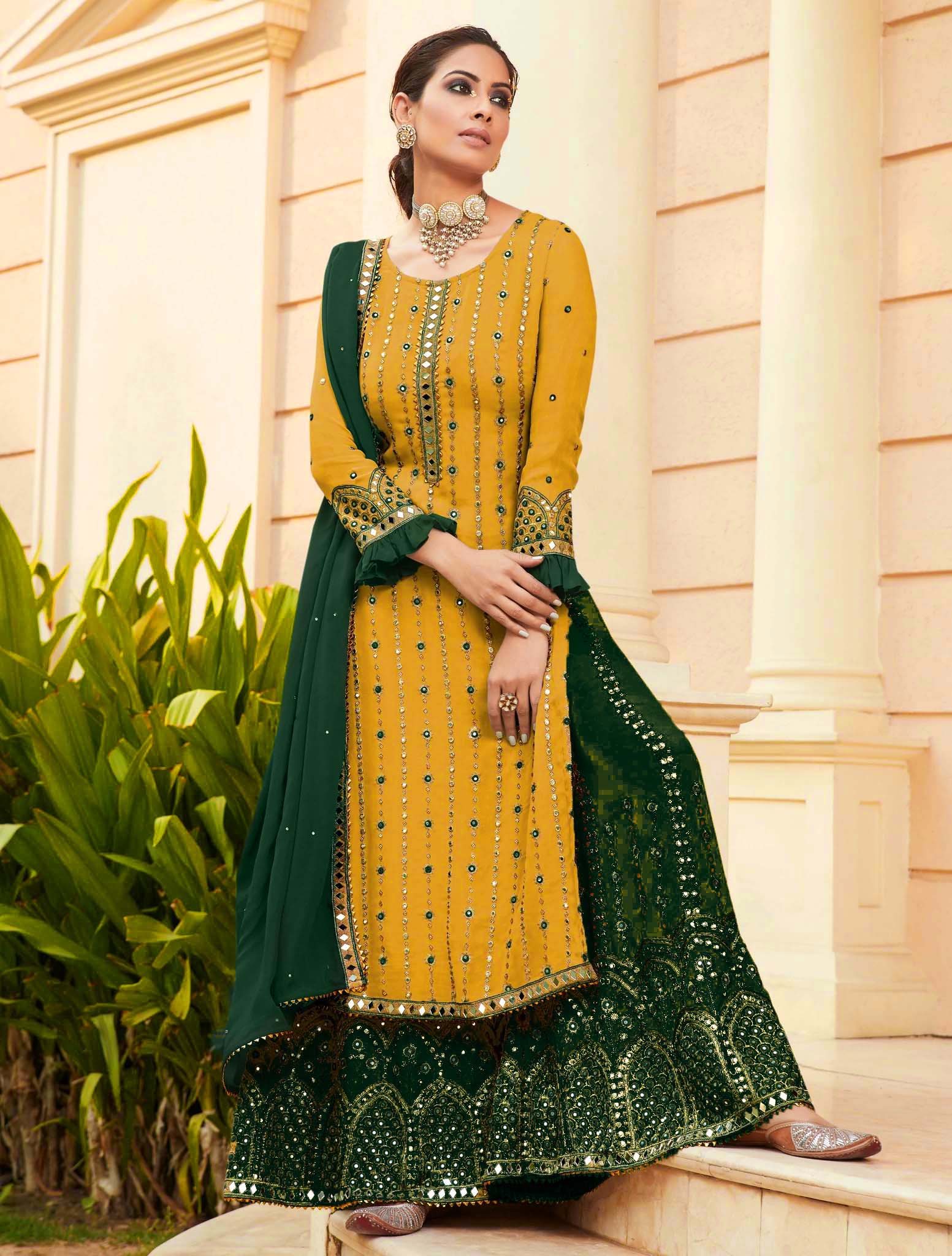 FC 9704 Yellow Green Top : Georgette Work : Embroidery Work, Mirror Work Wedding, Festive, Events Black Georgette Embroidered Sharara @2099 | Salwar suit, Casual Suits, Creative suits, Designer Suits, Palazzo Suits, Party Wear Suits, Straight Suits