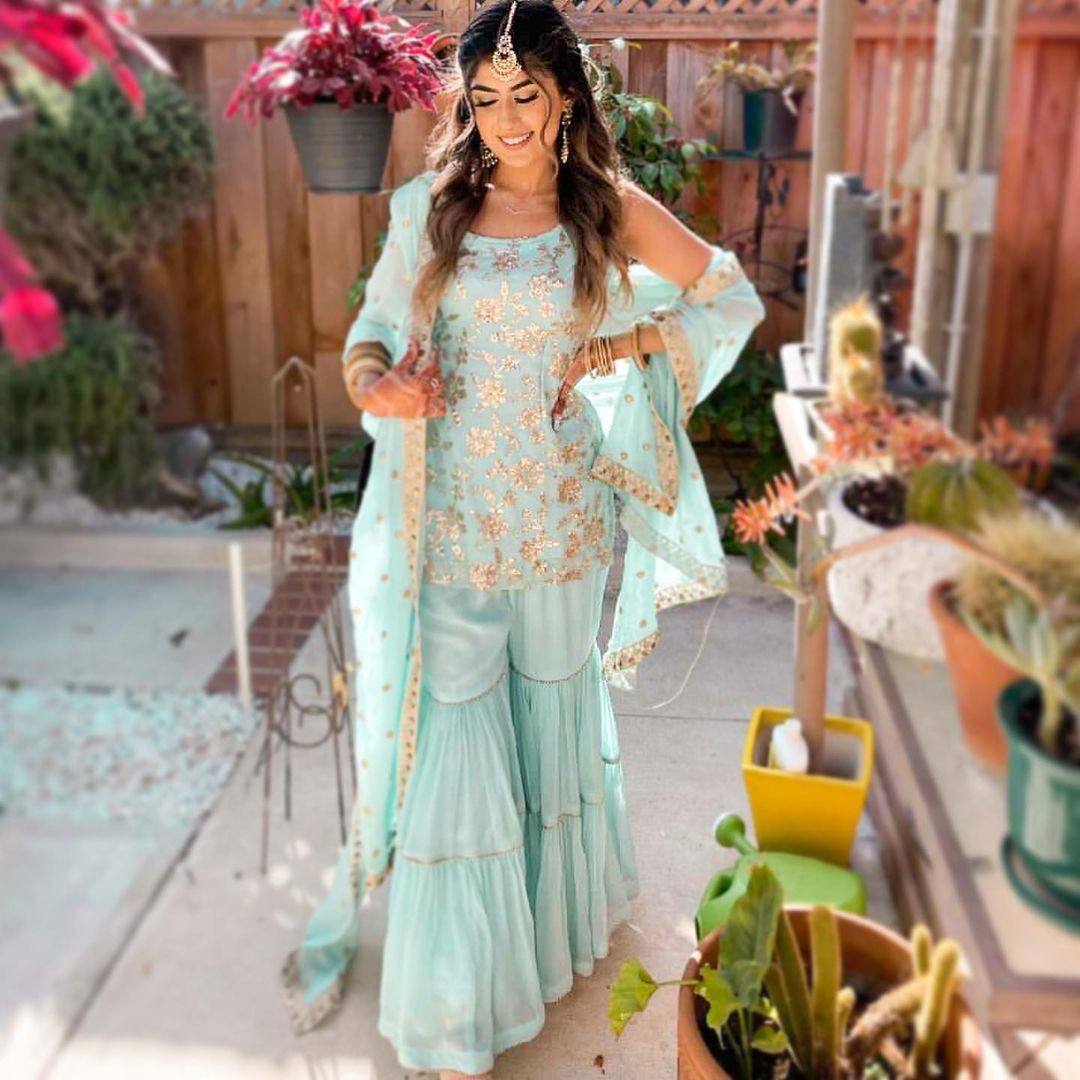 SSR 238 Sky Blue Top : Faux Georgette?Work : Embroidery Sequence Work Wedding, Festive, Events Sky Blue Color Sharara @1899/- | Salwar suit, Casual Suits, Creative suits, Designer Suits, Palazzo Suits, Party Wear Suits, Straight Suits