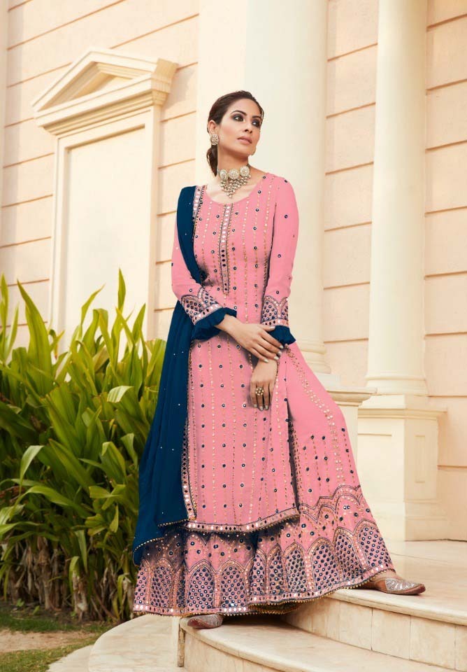 FC 9704 Pink Blue Top : Georgette Work : Embroidery Work, Mirror Work Wedding, Festive, Events Black Georgette Embroidered Sharara @2099 | Salwar suit, Casual Suits, Creative suits, Designer Suits, Palazzo Suits, Party Wear Suits, Straight Suits