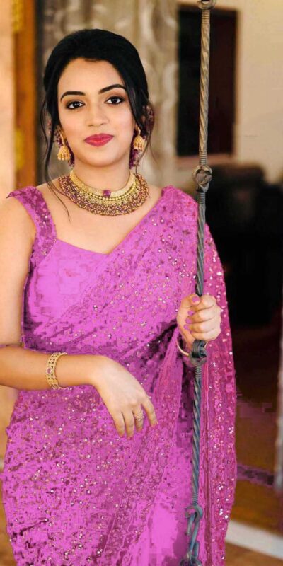 KT 152 Pink Saree Fabrics : Georgette?Saree Work?: Heavy Sequence?Party Wear Pink Color Georgette Sequence Work Saree For Women's @1599/- | Sarees, Bollywood Sarees, Designer Sarees, Embroidered Sarees, Party Wear Sarees
