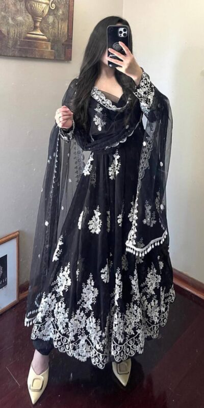 NSR 651 Black Gown : Faux Georgette Work : Heavy Embroidery Work Ravishing Stylish Black Color Party Wear Anarkali Casual, Wedding, Party @1899 | Anarkali Suits, Bollywood Anarkali, Creative-Anarkali, Designer Anarkali, Embroidered Anarkali, Party Wear Anarkali