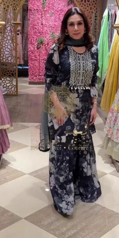 ZF 237 Black?Top : Faux Georgette?Work : Digital Print With Heavy Embroidery Work Casual Wear Sharara Suit , Wedding 1749/- | Salwar suit, Casual Suits, Creative suits, Designer Suits, Palazzo Suits, Party Wear Suits, Straight Suits