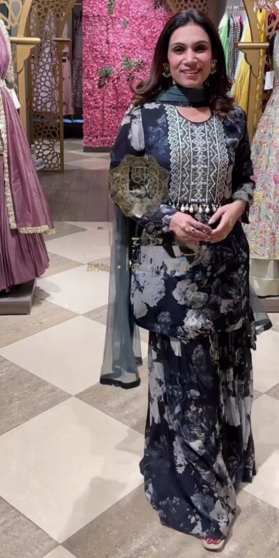 ZF 237 Black?Top : Faux Georgette?Work : Digital Print With Heavy Embroidery Work Casual Wear Sharara Suit , Wedding 1749/- | Salwar suit, Casual Suits, Creative suits, Designer Suits, Palazzo Suits, Party Wear Suits, Straight Suits