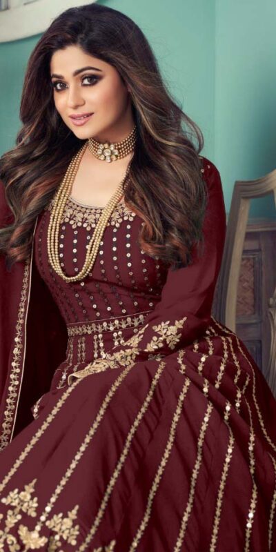 FC 8545 Maroon Gown : Georgette?Work : Sequence Embroidery Work Casual, Wedding, Festive, Events, Designer Party Wear, Gown @2299/- | Gowns, Bollywood Gowns, Creative Gowns, Designer Gowns, Embroidered Gowns, Party Wear Gowns, Salwar suit, Casual Suits, Designer Suits