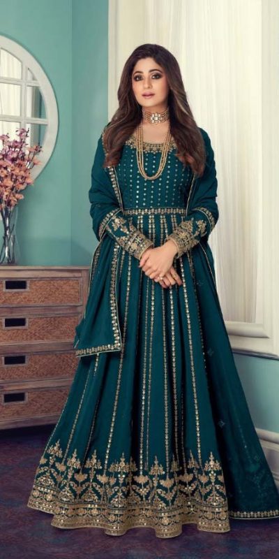 Peacock Blue Golden Embroidered Designer Palazzo Suit | Party wear dresses,  India dress, Party wear lehenga