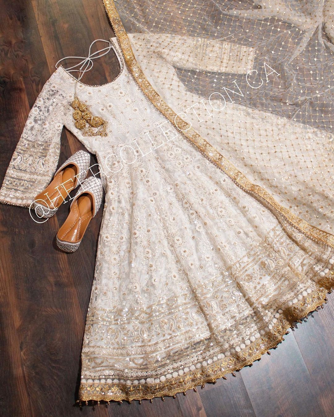 white dress with golden work Full Heavy Work White Color Georgette Anarkali Gown XS main image 0