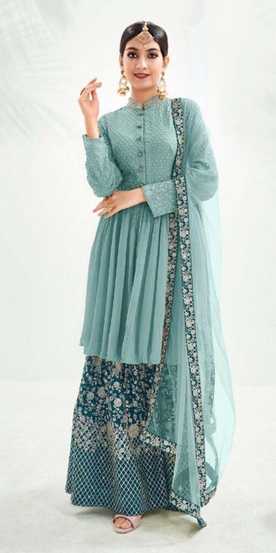 Latest Sky Blue Color Georgette With Embroidery Work Sharara Suit