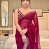 Attractive Maroon Color Georgette With Embroidery Work Saree