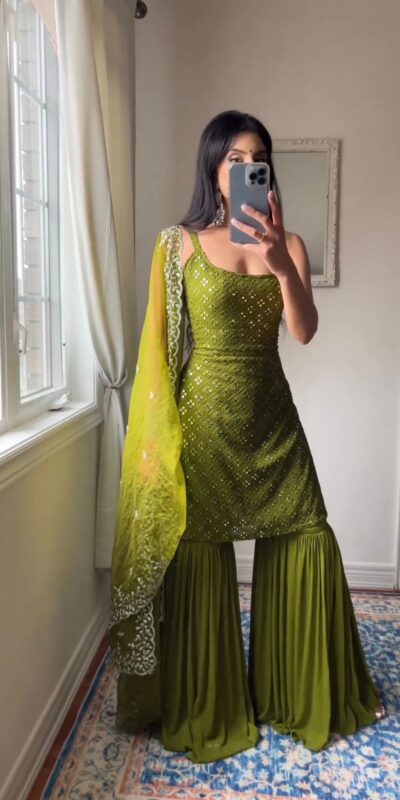 ?RTC 5447?Green Top : Georgette Work : Embroidery With Sequence Work Dupatta : Net Traditional Wear, Wedding, Festive, Events @1799/- | Salwar suit, Creative suits, Designer Suits, Palazzo Suits, Party Wear Suits, Straight Suits