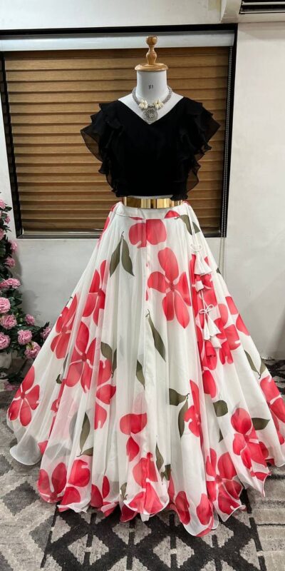 ZF 212 White Color Lehenga : Faux Georgette Blouse : Georgette Work : Digital Print Work Traditional Wear, Festive, Wedding, Events @1749/- | Lehenga, Bollywood Lehenga, Creative Lehenga, Designer Lehenga