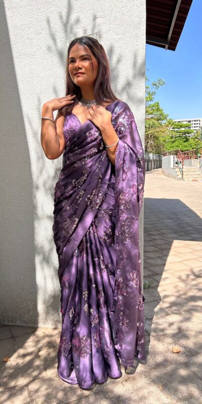 BT 3030 Purple Saree : Georgette Work : Embroidery With Sequence Work, Blouse : Banglory Silk Party Wear, Wedding Wear, Events Etc.@1649/- | Sarees, Bollywood Sarees, Creative Sarees, Designer Sarees, Ethnic Saree, Modern Digital sarees, Party Wear Sarees