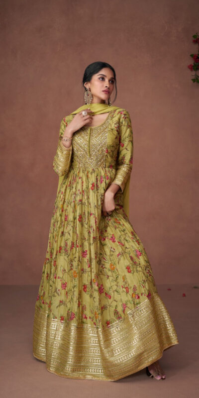 FC Sayuri?5304? Green Gown Premium Organza Print Silk with Embroidery And Sequence Work Classic Anarkali Suit Wedding, Party, Festive @2499/- Only | Anarkali Suits, Bollywood Anarkali, Creative-Anarkali, Designer Anarkali, Embroidered Anarkali, Party Wear Anarkali