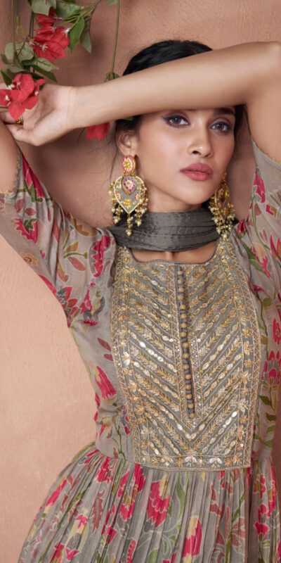 FC Sayuri? 5301 Grey Gown Premium Organza Print Silk with Embroidery And Sequence Work Classic Anarkali Suit Wedding, Party, Festive @2499/- Only | Anarkali Suits, Bollywood Anarkali, Creative-Anarkali, Designer Anarkali, Embroidered Anarkali, Party Wear Anarkali