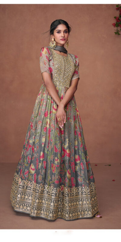 FC Sayuri? 5301 Grey Gown Premium Organza Print Silk with Embroidery And Sequence Work Classic Anarkali Suit Wedding, Party, Festive @2499/- Only | Anarkali Suits, Bollywood Anarkali, Creative-Anarkali, Designer Anarkali, Embroidered Anarkali, Party Wear Anarkali
