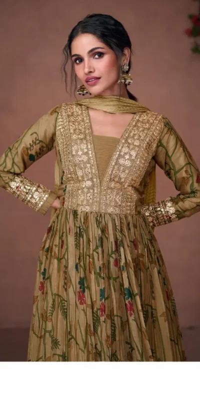 FC Sayuri 5300?Mehndi Gown Premium Organza Print Silk with Embroidery Work And Sequence Work Classic Anarkali Suit Wedding, Party, Festive @2499/- | Anarkali Suits, Bollywood Anarkali, Creative-Anarkali, Designer Anarkali, Embroidered Anarkali, Party Wear Anarkali