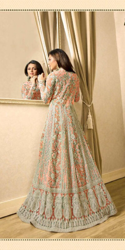 LT 1706 OrangeColor: OrangeFabrics: Top Fabric :Georgette Bottom Fabric : Santoon Dupatta Fabric : NazmeenStitch Type: Semi-Sttiched | Anarkali Suits, Bollywood Anarkali, Creative-Anarkali, Designer Anarkali, Embroidered Anarkali, Party Wear Anarkali