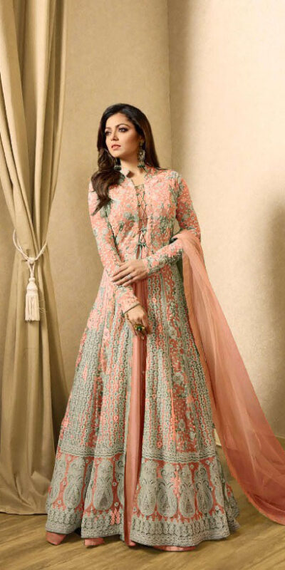 LT 1706 OrangeColor: OrangeFabrics: Top Fabric :Georgette Bottom Fabric : Santoon Dupatta Fabric : NazmeenStitch Type: Semi-Sttiched | Anarkali Suits, Bollywood Anarkali, Creative-Anarkali, Designer Anarkali, Embroidered Anarkali, Party Wear Anarkali