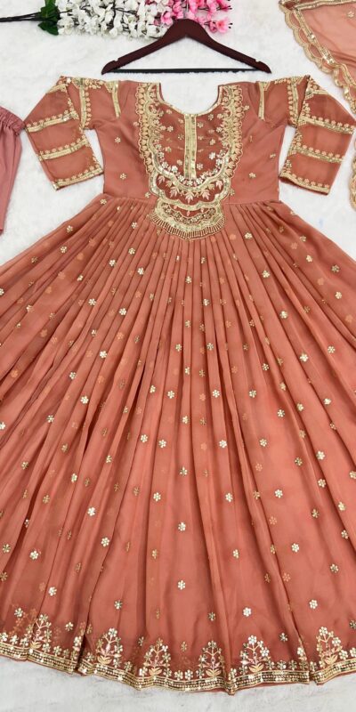 ZSR-3021 Peach Color Gown : Fox Georgette Work : Embroidery Sequence Work Inner : Micro Cotton Traditional Wear, Wedding, Festive, Events. @1999/- | Gowns, Bollywood Gowns, Designer Gowns, Embroidered Gowns, Party Wear Gowns, Salwar suit, Casual Suits, Party Wear Suits