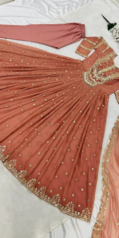 ZSR-3021 Peach Color Gown : Fox Georgette Work : Embroidery Sequence Work Inner : Micro Cotton Traditional Wear, Wedding, Festive, Events. @1999/- | Gowns, Bollywood Gowns, Designer Gowns, Embroidered Gowns, Party Wear Gowns, Salwar suit, Casual Suits, Party Wear Suits
