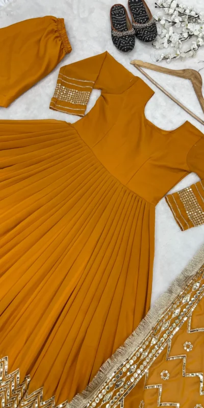 ZSR-3043 Yellow Color Gown : Fox Georgette Work : Embroidery Sequence Work Inner : Micro Cotton Traditional Wear, Wedding, Festive, Events. @2249/- | Gowns, Bollywood Gowns, Creative Gowns, Designer Gowns, Embroidered Gowns, Party Wear Gowns