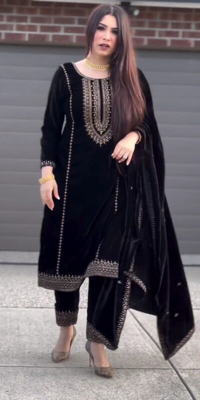 ZSR-3046 Black Color Salwar Suit Viscose Velvet with Embroidery Sequence Work Inner : Micro Cotton Traditional Wear, Wedding, Festive, Events. @2199/- | Salwar suit, Casual Suits, Creative suits, Designer Suits, Party Wear Suits, Straight Suits