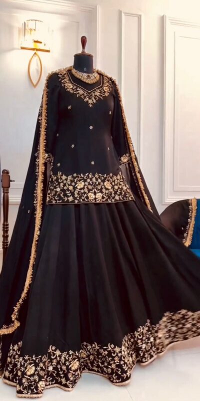 ZSR 3045 ?Black Faux Georgette With *Heavy 5mm Embroidery Sequence Top With Lehenga Choli For Traditional Wear, Wedding, Festive, Events. @2199/- | Lehenga, Bollywood Lehenga, Creative Lehenga, Designer Lehenga, Embroidered Lehenga, Party Wear Lehenga