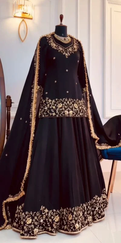 ZSR 3045 ?Black Faux Georgette With *Heavy 5mm Embroidery Sequence Top With Lehenga Choli For Traditional Wear, Wedding, Festive, Events. @2199/- | Lehenga, Bollywood Lehenga, Creative Lehenga, Designer Lehenga, Embroidered Lehenga, Party Wear Lehenga
