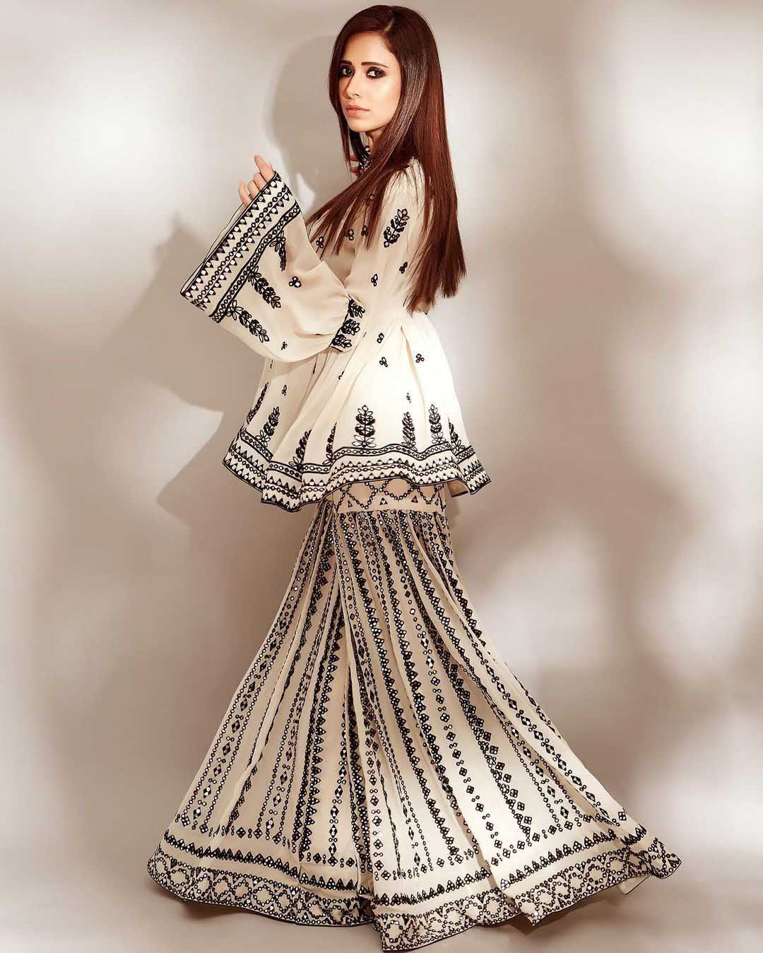 NSR 1139 White & Black Top : Heavy Georgette Top Work : Embroidery Work With Embroidered Bell Sleeve Party, Daily, Wedding, Events @ | Salwar suit, Casual Suits, Creative suits, Designer Suits, Palazzo Suits, Party Wear Suits, Straight Suits